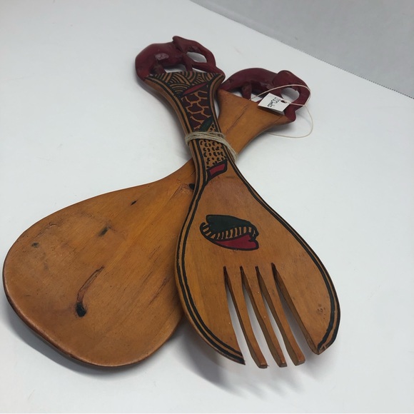 VTG African Hand Carved Wooden Elephant Trunk Down Salad Fork And Spoon - Picture 7 of 14